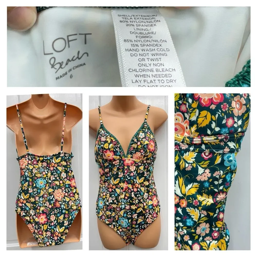 NWOT LOFT beach dark‎ teal bright floral 1 one piece swimsuit women's 6